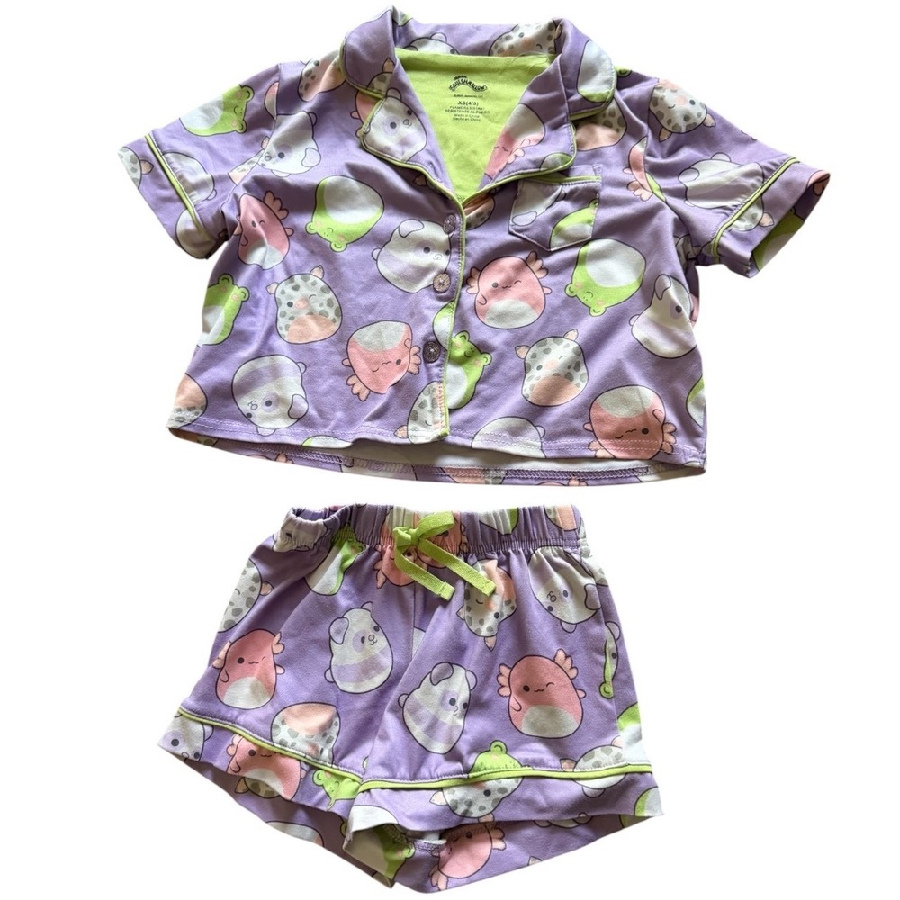 Squishmallows Girls Pajama Set XS 4/5‎ Boxy Top with Shorts & Gem Accent Buttons